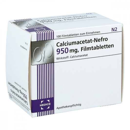 Das Produktfoto zeigt Calciumacetat Nefro 950 Mg Filmtabletten (100 stk) PZN 03078184