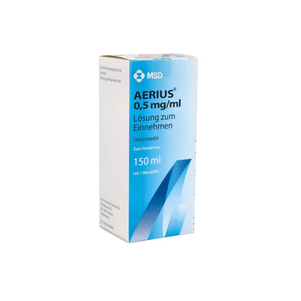 Das Produktfoto zeigt Aerius 0,5 Mg/Ml Lösung Zum Einnehmen (150 ml) PZN 03079290