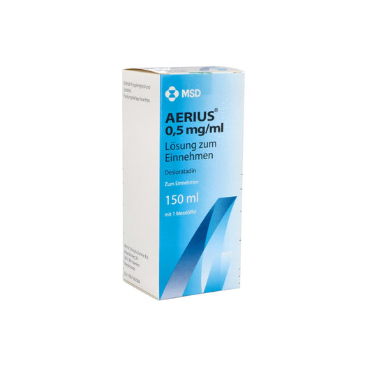 Das Produktfoto zeigt Aerius 0,5 Mg/Ml Lösung Zum Einnehmen (150 ml) PZN 03079290