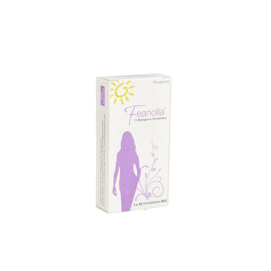 Das Produktfoto zeigt Feanolla 75 Mikrogramm Filmtabletten (3X28 stk) PZN 03080672