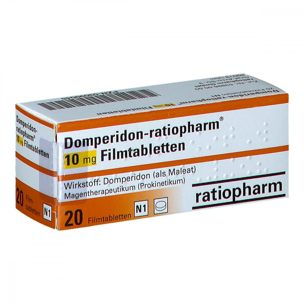 Das Produktfoto zeigt Domperidon-Ratiopharm 10 Mg Filmtabletten (20 stk) PZN 03099045