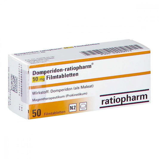 Das Produktfoto zeigt Domperidon-Ratiopharm 10 Mg Filmtabletten (50 stk) PZN 03099074