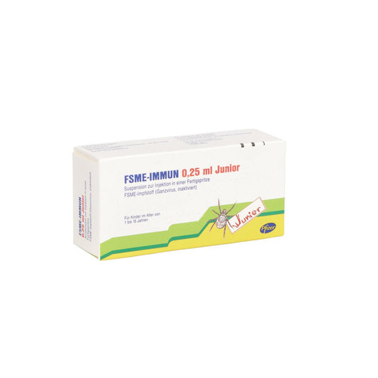Das Produktfoto zeigt Fsme-Immun 0,25 Ml Junior Injek.Sus.I.E.Fs.O.Kan. (1 stk) PZN 03100529
