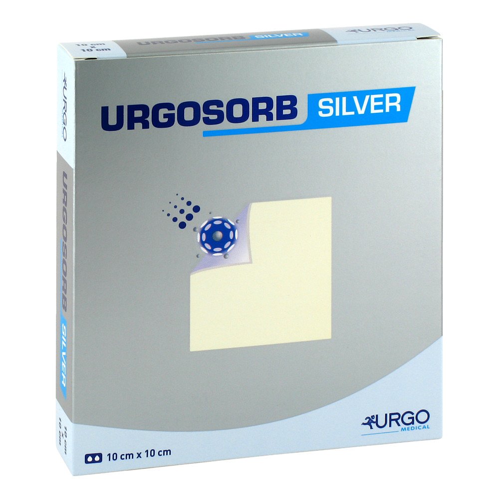 Das Produktfoto zeigt Urgosorb Silver 10x10 Cm Kompressen (10 stk) PZN 03120087