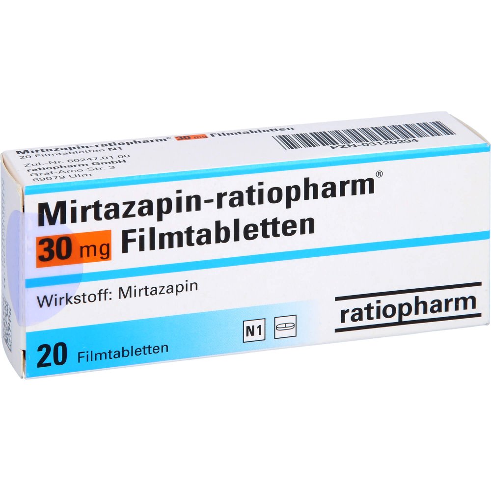 Das Produktfoto zeigt Mirtazapin-Ratiopharm 30 Mg Filmtabletten (20 stk) PZN 03120294