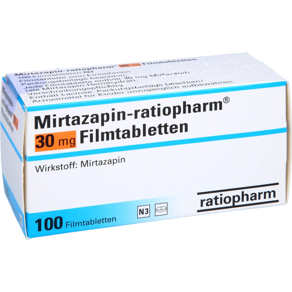 Das Produktfoto zeigt Mirtazapin-Ratiopharm 30 Mg Filmtabletten (100 stk) PZN 03120414
