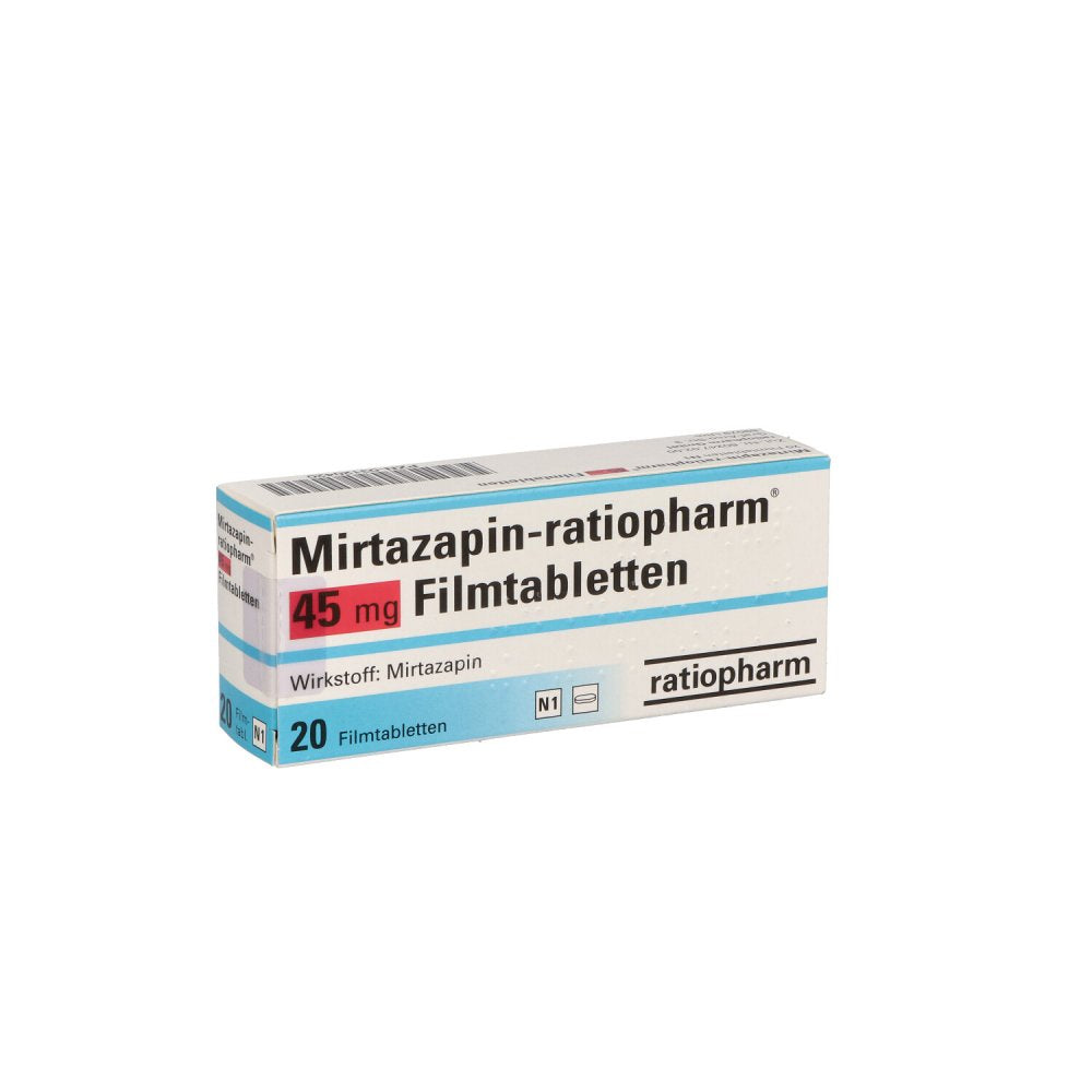Das Produktfoto zeigt Mirtazapin-Ratiopharm 45 Mg Filmtabletten (20 stk) PZN 03120420