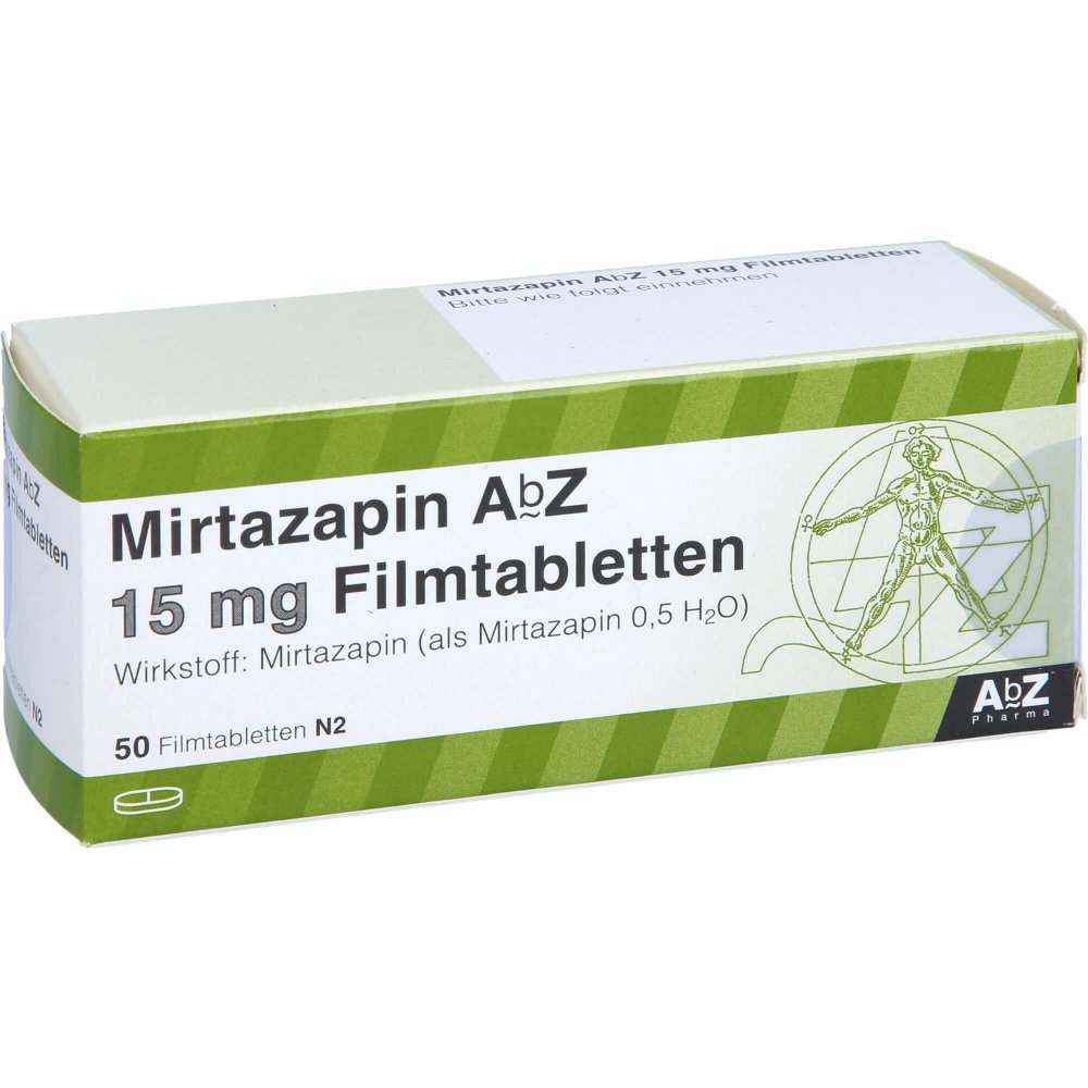 Das Produktfoto zeigt Mirtazapin Abz 15 Mg Filmtabletten (50 stk) PZN 03123080