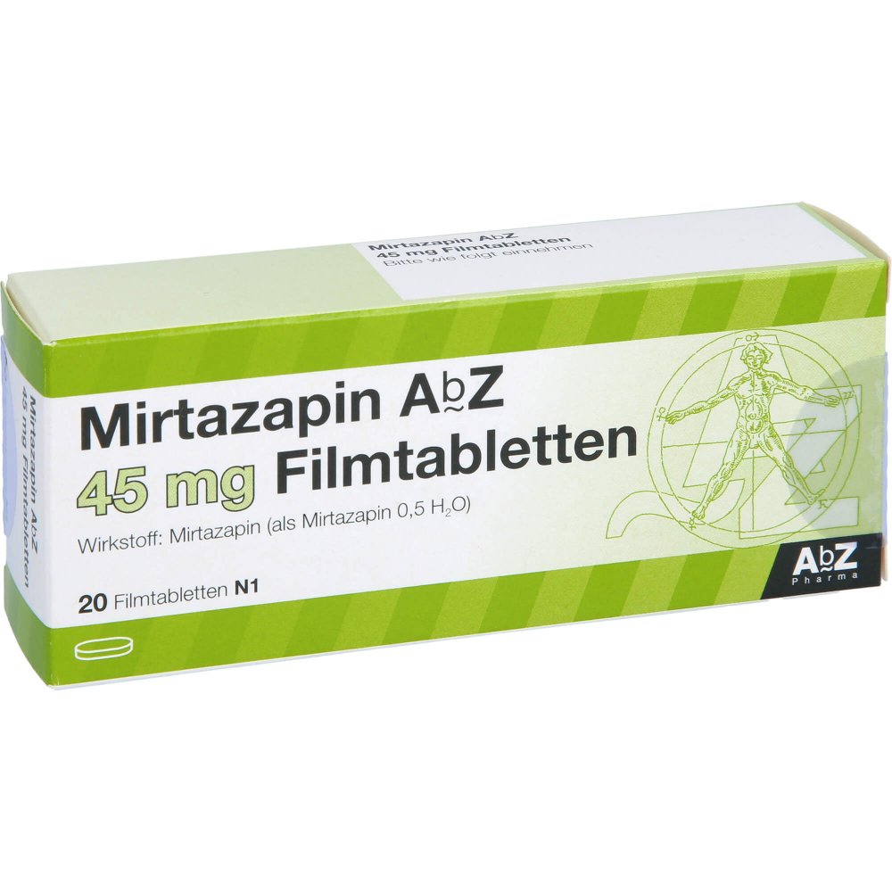 Das Produktfoto zeigt Mirtazapin Abz 45 Mg Filmtabletten (20 stk) PZN 03123163