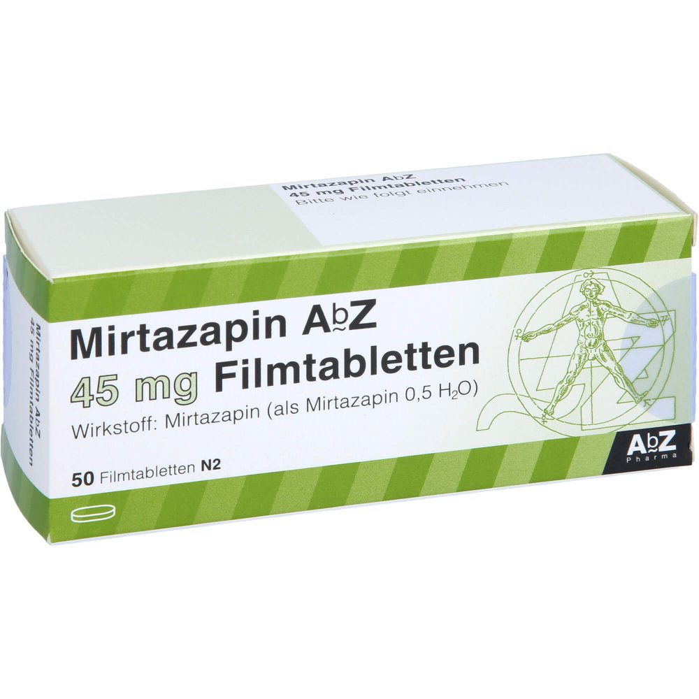 Das Produktfoto zeigt Mirtazapin Abz 45 Mg Filmtabletten (50 stk) PZN 03123200
