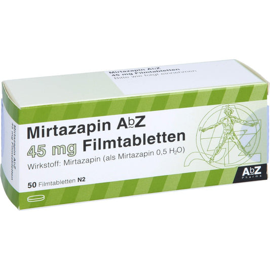 Das Produktfoto zeigt Mirtazapin Abz 45 Mg Filmtabletten (50 stk) PZN 03123200