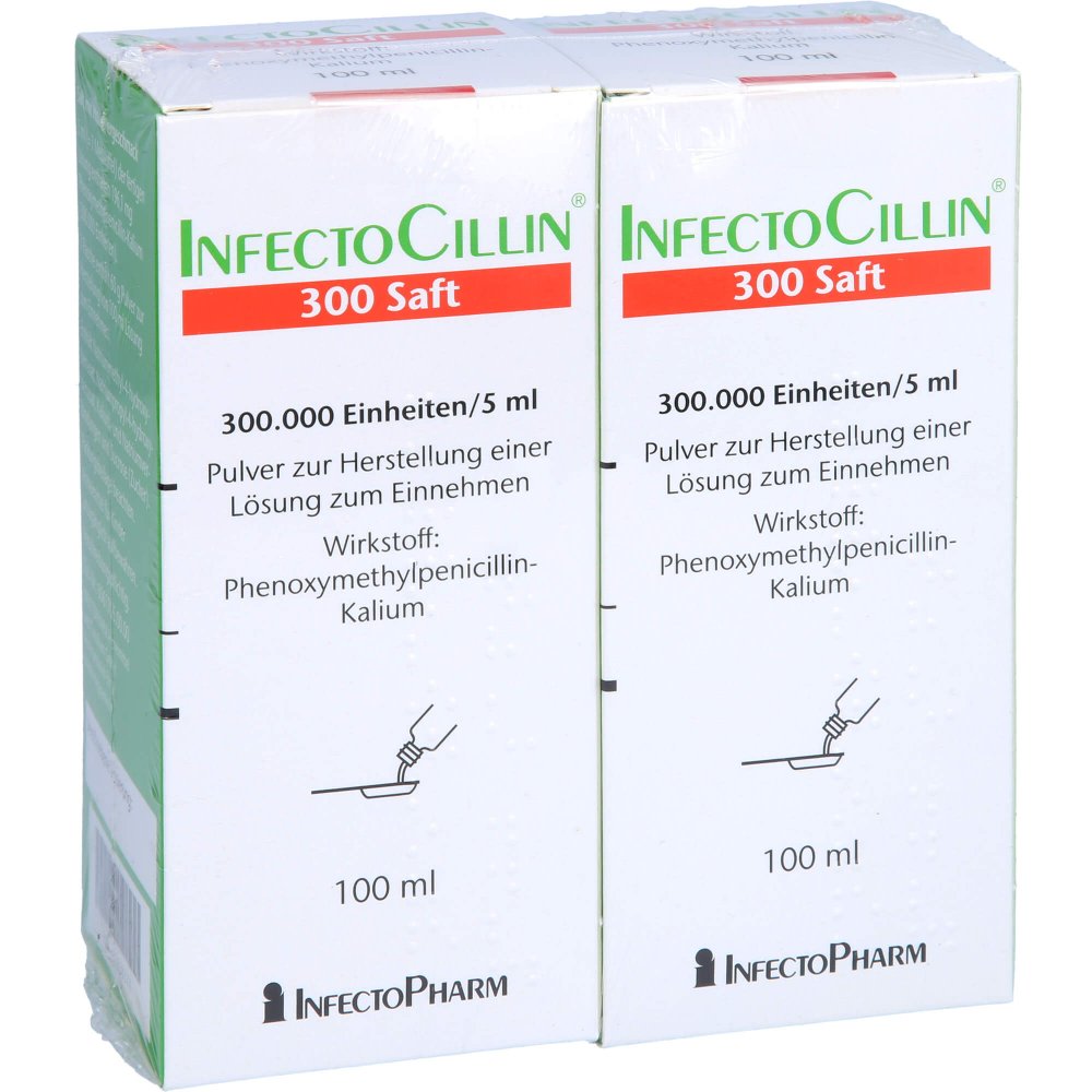 Das Produktfoto zeigt Infectocillin 300 Saft Trockensaft (2X100 ml) PZN 03124961