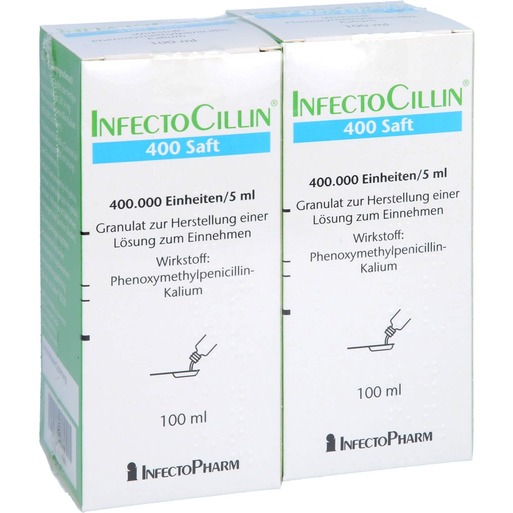 Das Produktfoto zeigt Infectocillin 400 Saft Gra.Z.Her.Lsg.Z.Einn. (2X100 ml) PZN 03124978