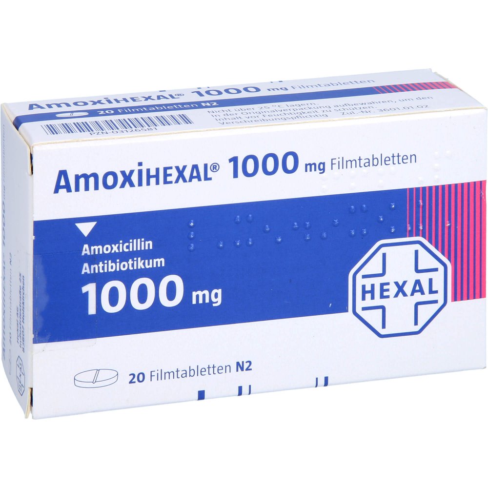 Das Produktfoto zeigt Amoxihexal 1000 Mg Filmtabletten (20 stk) PZN 03126581