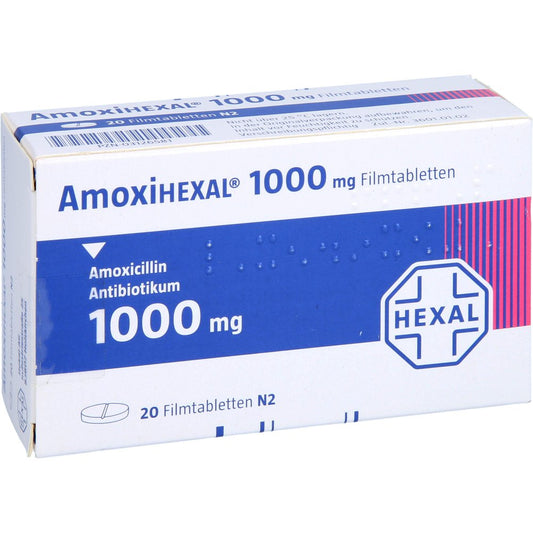 Das Produktfoto zeigt Amoxihexal 1000 Mg Filmtabletten (20 stk) PZN 03126581