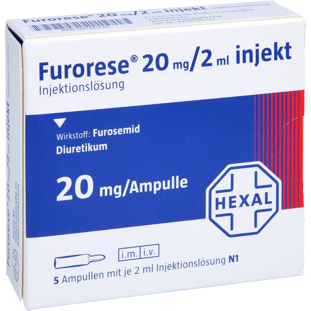 Das Produktfoto zeigt Furorese 20 Mg/2 Ml Injekt Injektionslösung Amp. (5 stk) PZN 03126635