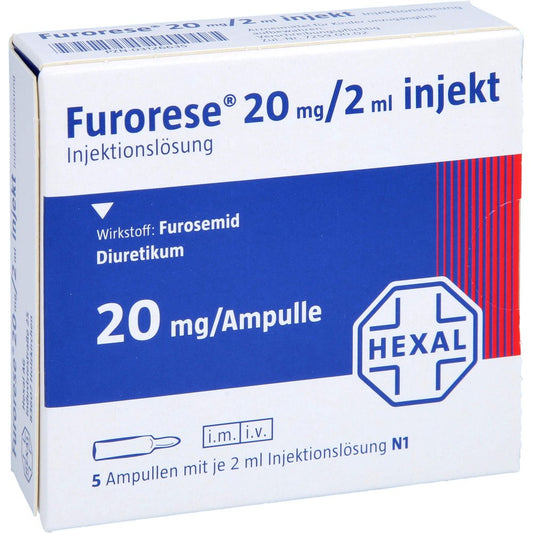 Das Produktfoto zeigt Furorese 20 Mg/2 Ml Injekt Injektionslösung Amp. (5 stk) PZN 03126635