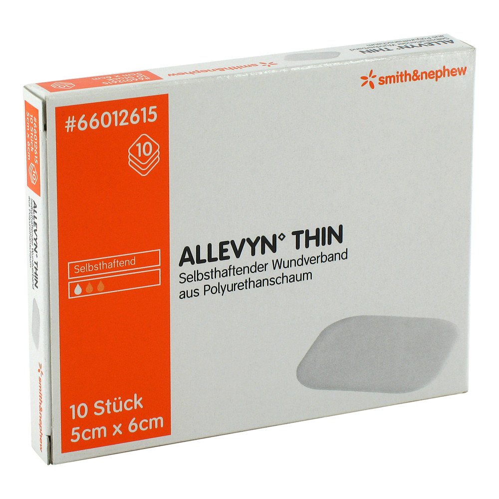 Das Produktfoto zeigt Allevyn Thin 5x6 Cm Dünne Wundauflage (10 stk) PZN 03126902