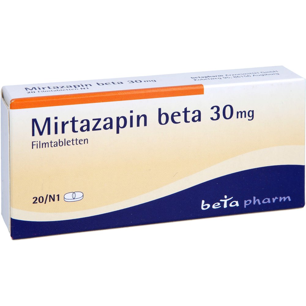 Das Produktfoto zeigt Mirtazapin Beta 30 Mg Filmtabletten (20 stk) PZN 03136390