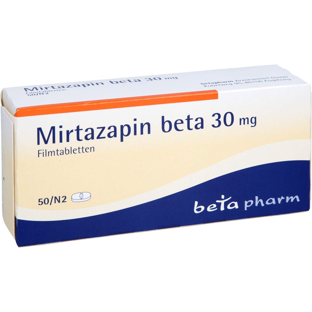 Das Produktfoto zeigt Mirtazapin Beta 30 Mg Filmtabletten (50 stk) PZN 03136409