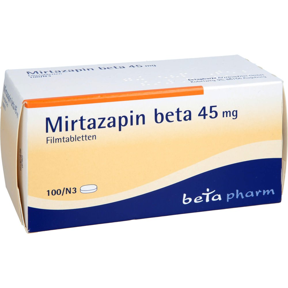Das Produktfoto zeigt Mirtazapin Beta 45 Mg Filmtabletten (100 stk) PZN 03136645