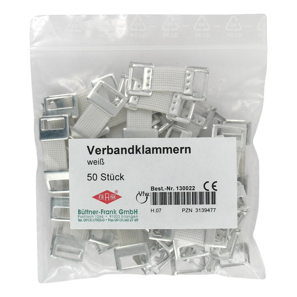 Das Produktfoto zeigt Verbandklammern Weiß Mit Gummiband (50 stk) PZN 03139477