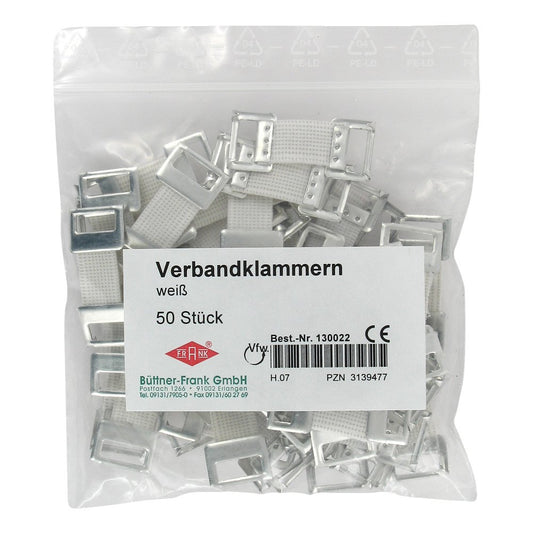 Das Produktfoto zeigt Verbandklammern Weiß Mit Gummiband (50 stk) PZN 03139477