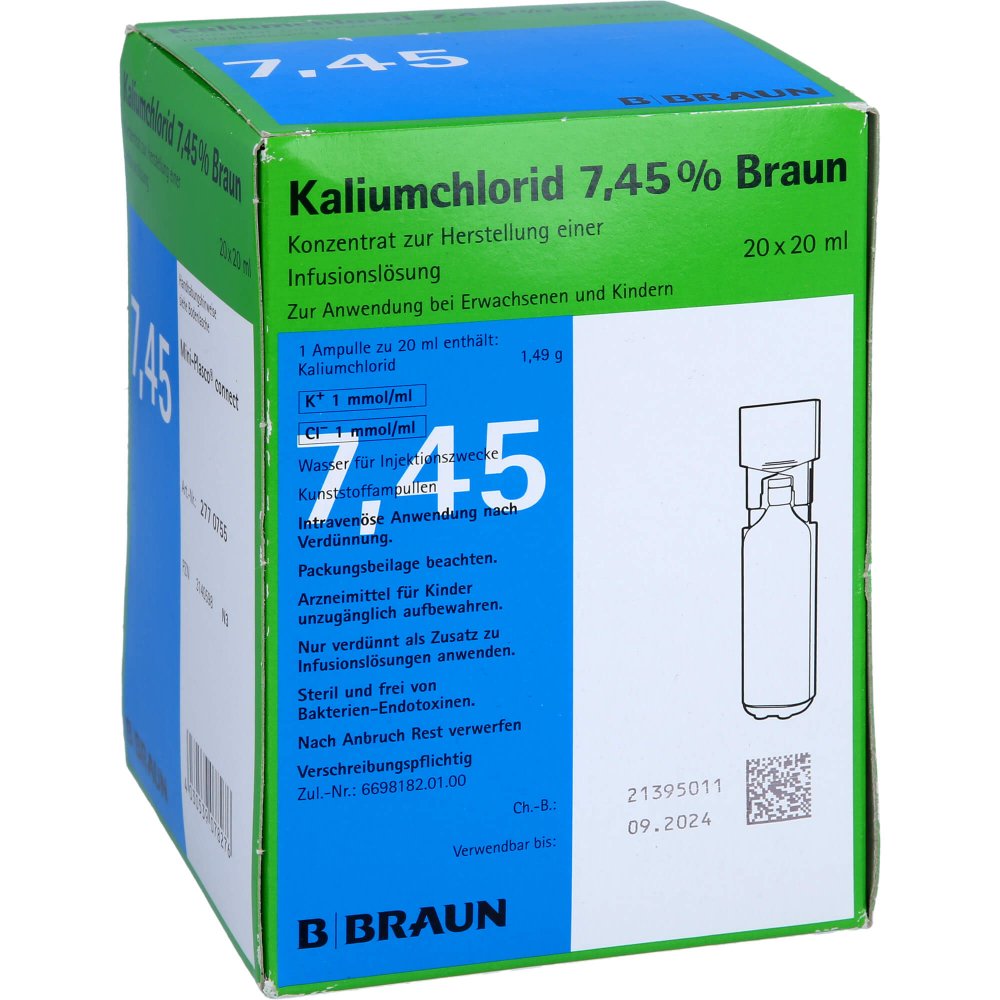 Das Produktfoto zeigt Kaliumchlorid 7,45% Mpc Konz.Z.H.E.Inf.-Lsg.Amp. (20X20 ml) PZN 03140598