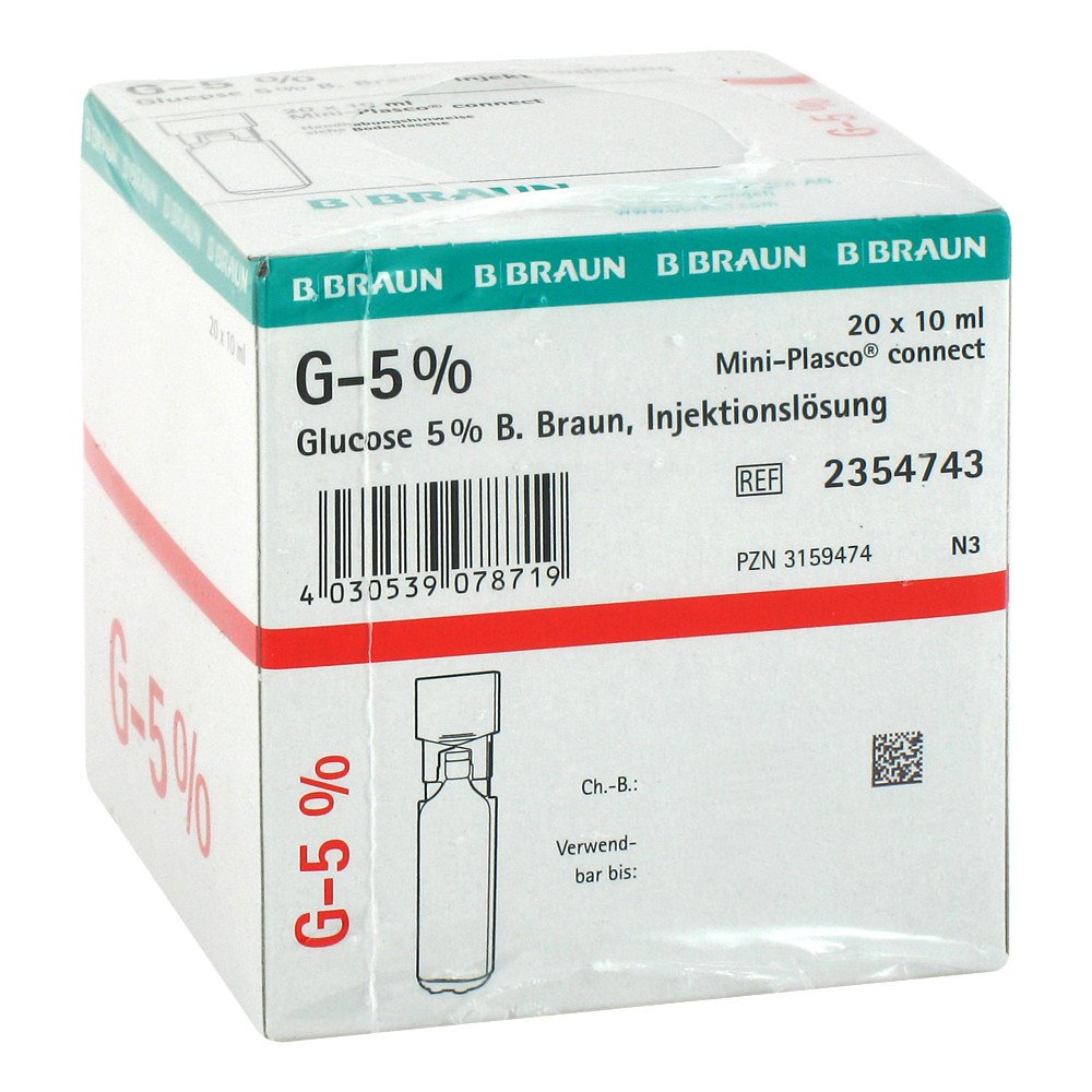 Das Produktfoto zeigt Glucose 5% B.Braun Mini Plasco Connect Inj.-Lsg. (20X10 ml) PZN 03159474