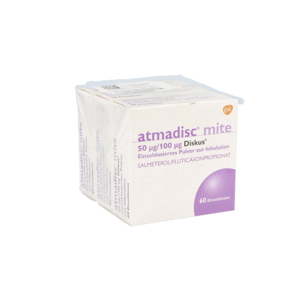 Das Produktfoto zeigt Atmadisc Mite 50 Μg/100 Μg Diskus Einzeld.Inh.-P. (3X60 stk) PZN 03180853