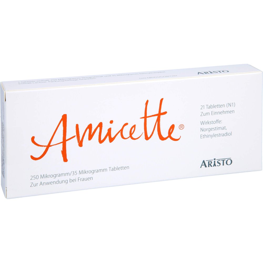 Das Produktfoto zeigt Amicette 250 Mikrogramm/35 Mikrogramm Tabletten (21 stk) PZN 03192075