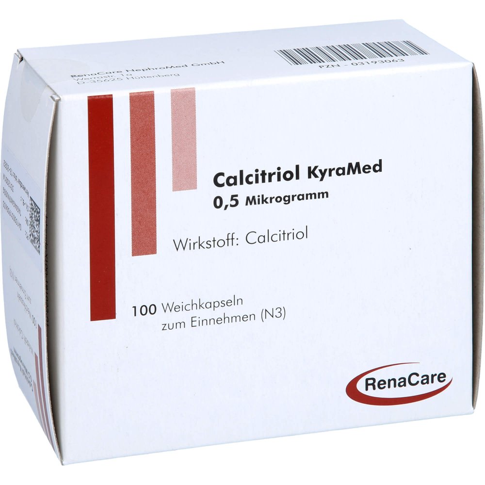 Das Produktfoto zeigt Calcitriol Kyramed 0,5 Μg Weichkapseln (100 stk) PZN 03193063