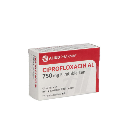 Das Produktfoto zeigt Ciprofloxacin Al 750 Mg Filmtabletten (20 stk) PZN 03195719