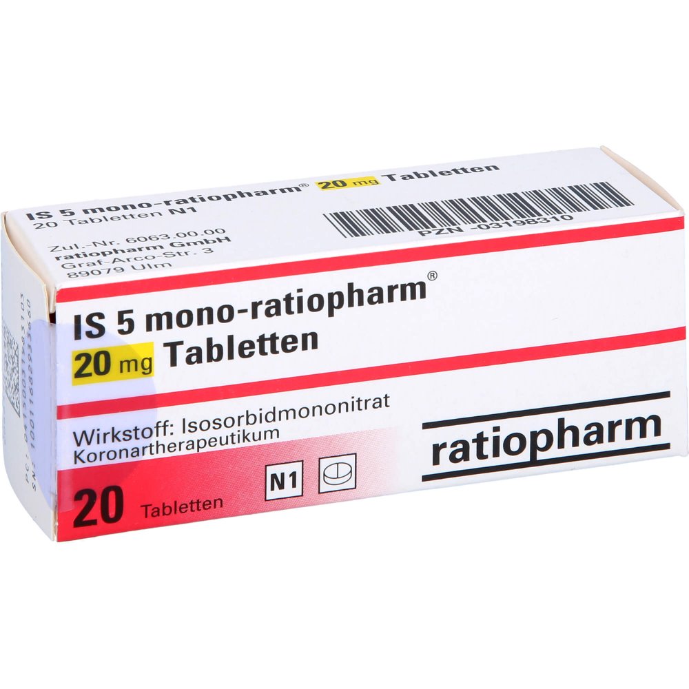 Das Produktfoto zeigt Is 5 Mono-Ratiopharm 20 Mg Tabletten (20 stk) PZN 03198310