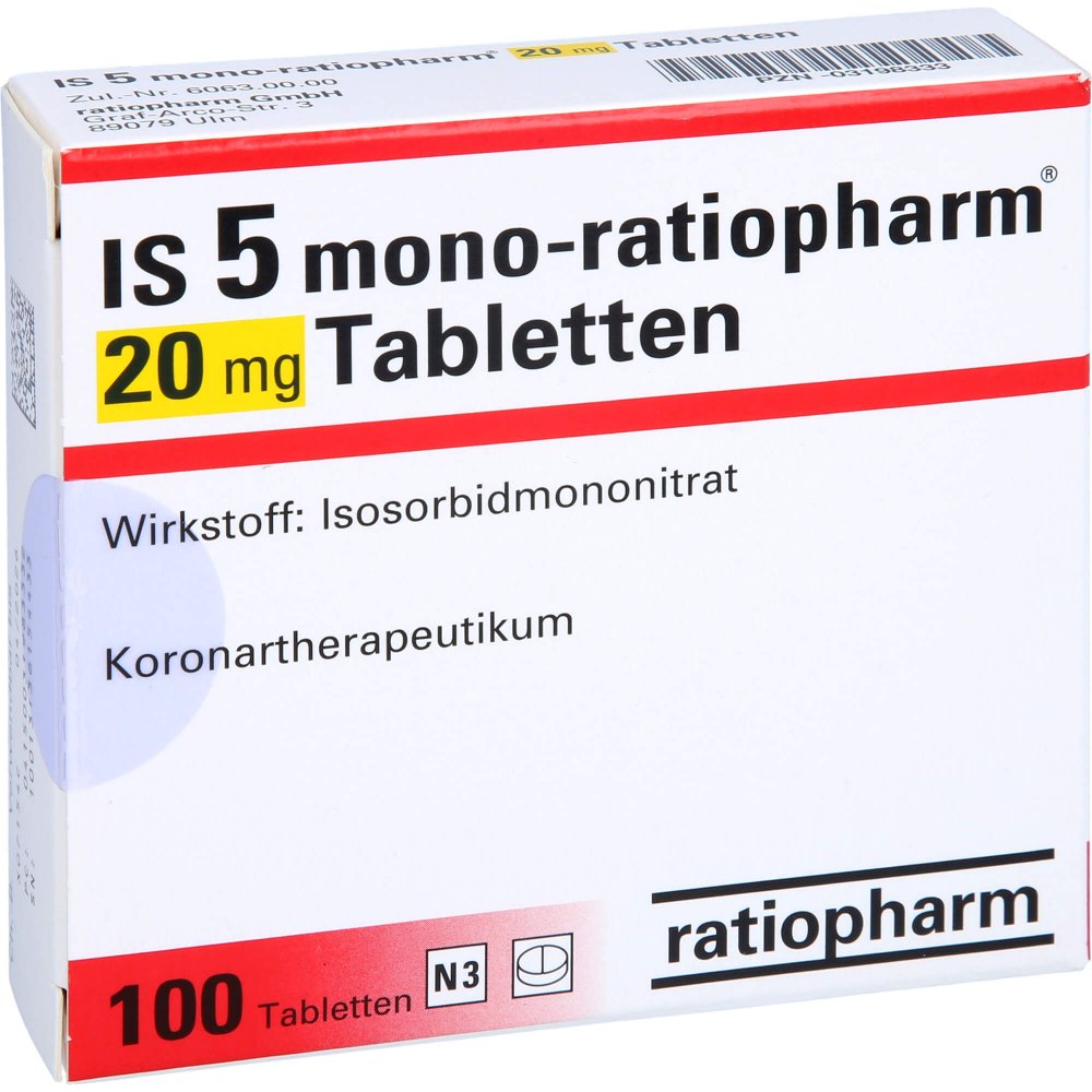 Das Produktfoto zeigt Is 5 Mono-Ratiopharm 20 Mg Tabletten (100 stk) PZN 03198333