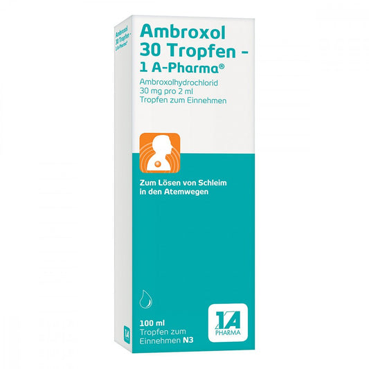 Das Produktfoto zeigt Ambroxol 30 Tropfen-1a Pharma (100 ml) PZN 03202135