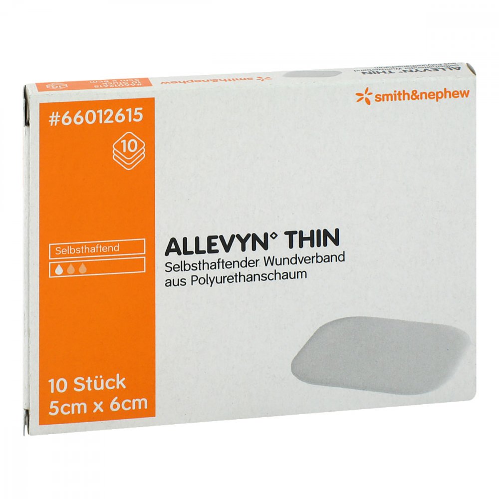 Das Produktfoto zeigt Allevyn Thin 5x6 Cm Dünne Wundauflage (10 stk) PZN 03211387