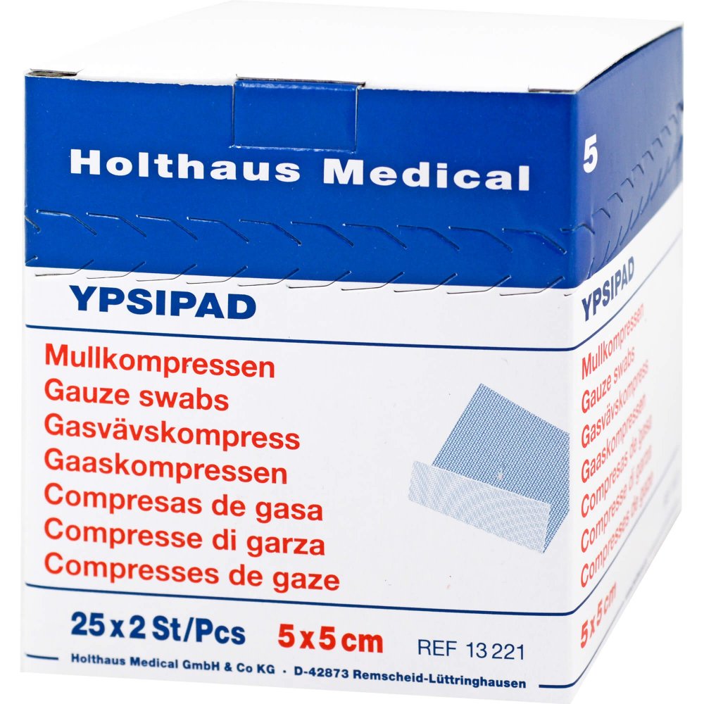 Das Produktfoto zeigt Mullkompressen Ypsipad 5x5 Cm Steril 8fach (25X2 stk) PZN 03214919