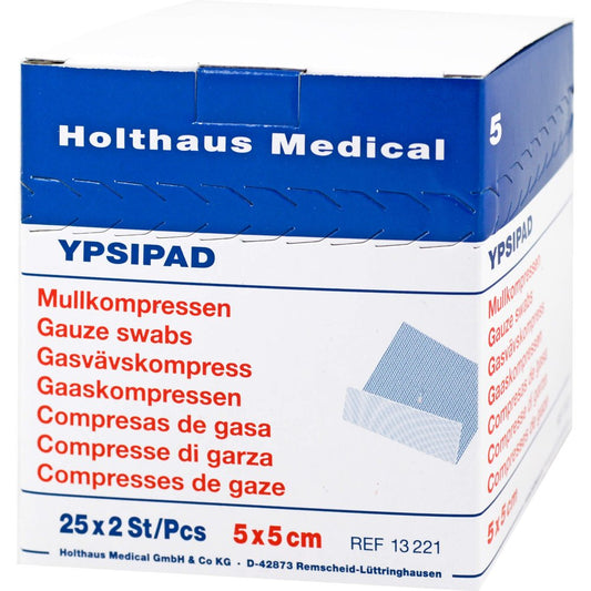 Das Produktfoto zeigt Mullkompressen Ypsipad 5x5 Cm Steril 8fach (25X2 stk) PZN 03214919