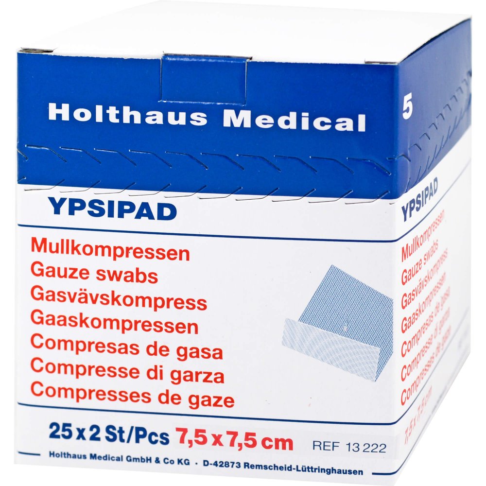 Das Produktfoto zeigt Mullkompressen Ypsipad 7,5x7,5 Cm Steril 8fach (25X2 stk) PZN 03214925