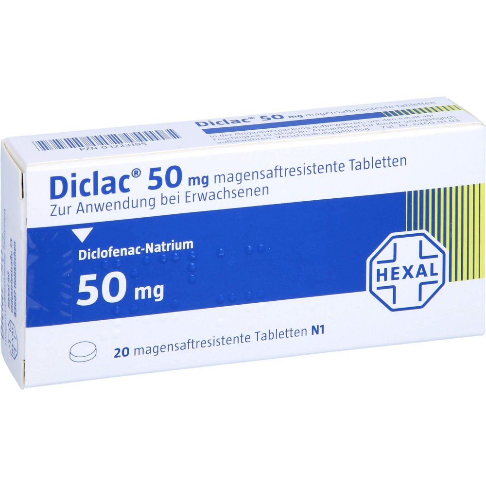 Das Produktfoto zeigt Diclac 50 Magensaftresistente Tabletten (20 stk) PZN 03223195