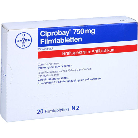 Das Produktfoto zeigt Ciprobay 750 Mg Filmtabletten (20 stk) PZN 03229766