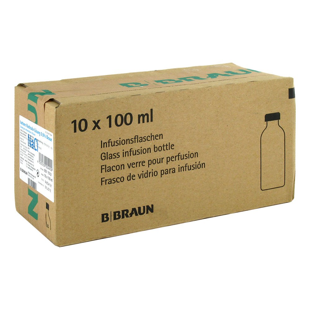 Das Produktfoto zeigt Kochsalzlösung 0,9% Glasfl. (10X100 ml) PZN 03239138