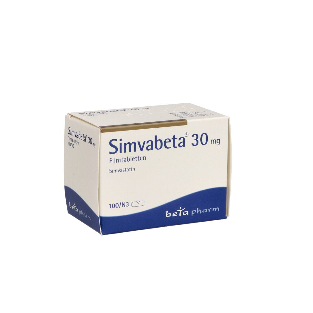 Das Produktfoto zeigt Simvabeta 30 Mg Filmtabletten (100 stk) PZN 03241170