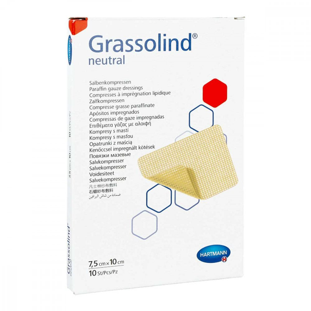 Das Produktfoto zeigt Grassolind Salbenkompressen 7,5x10 Cm Steril (10 stk) PZN 03245624
