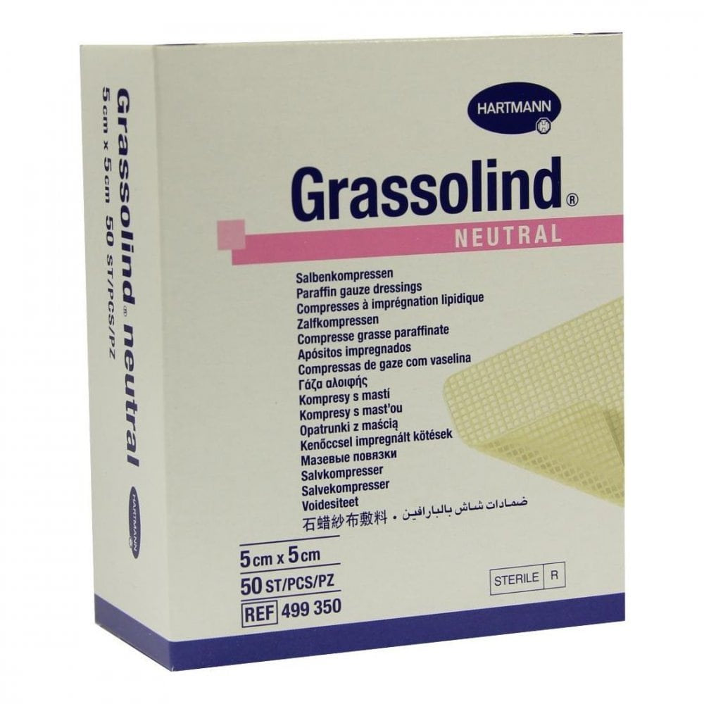 Das Produktfoto zeigt Grassolind Salbenkompressen 5x5 Cm Steril (50 stk) PZN 03245647