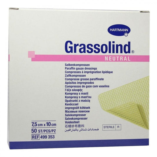 Das Produktfoto zeigt Grassolind Salbenkompressen 7,5x10 Cm Steril (50 stk) PZN 03245653