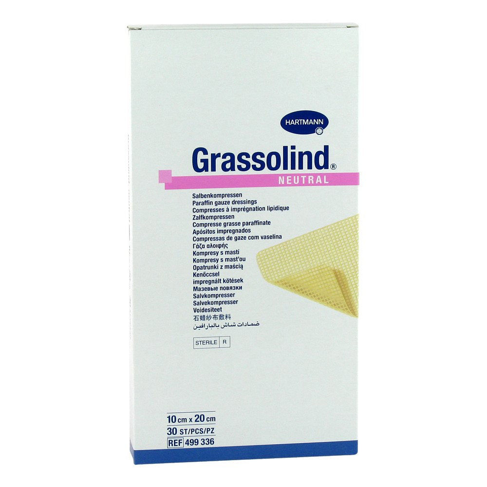 Das Produktfoto zeigt Grassolind Salbenkompressen 10x20 Cm Steril (30 stk) PZN 03245676