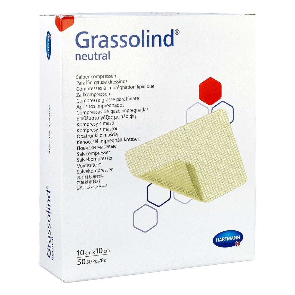 Das Produktfoto zeigt Grassolind Salbenkompressen 10x10 Cm Steril (50 stk) PZN 03245699