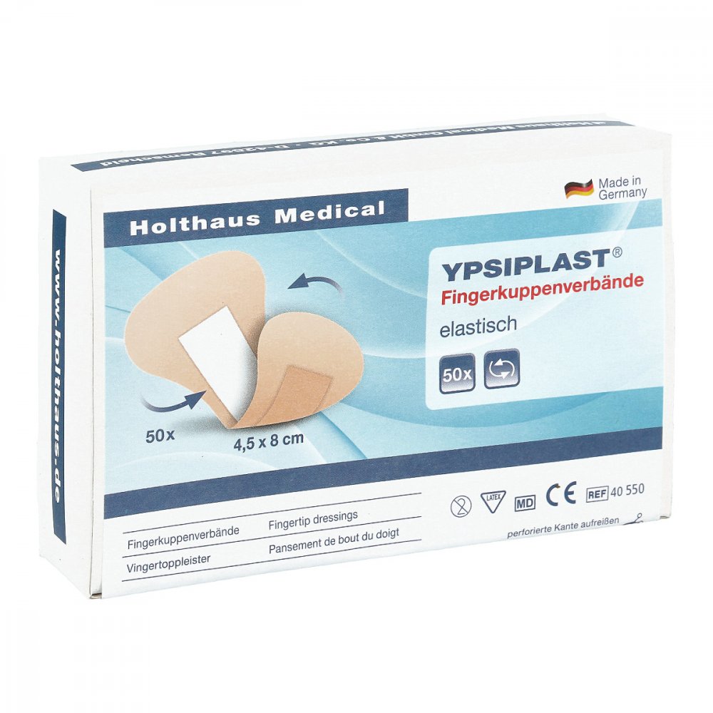 Das Produktfoto zeigt Fingerkuppenverband Ypsiplast Elast.4,5x8 Cm Haut (50 stk) PZN 03271225